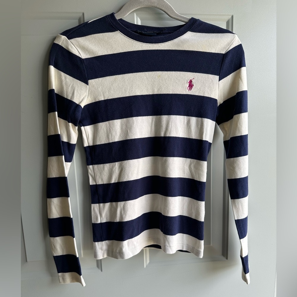 Ralph Lauren Polo Sport Logo Navy and White Striped Long Sleeve Top